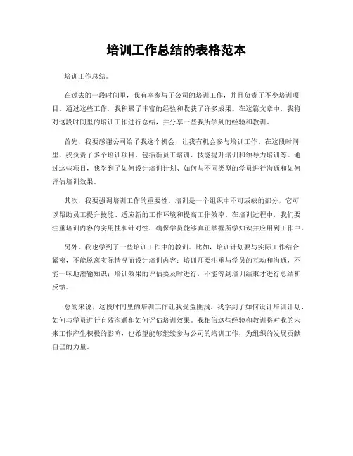 培训工作总结的表格范本