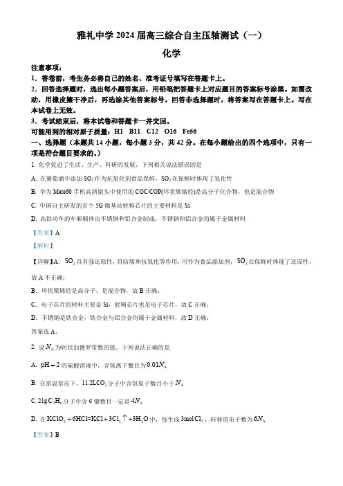 湖南省雅礼中学2024届高三下学期综合自主压轴测试 (一)化学题(解析版)