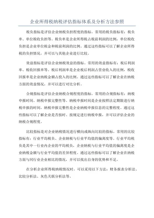 企业所得税纳税评估指标体系及分析方法参照