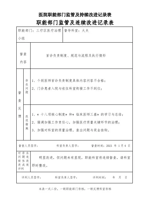 医院职能部门监管及持续改进记录表