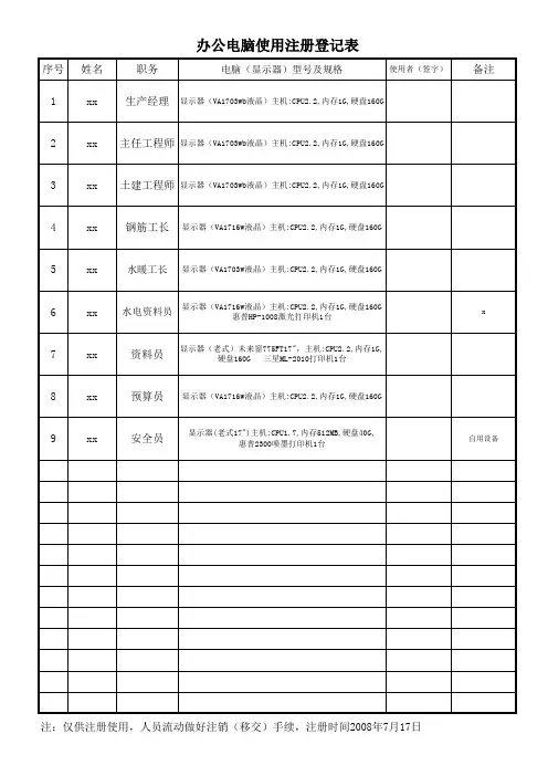 办公电脑使用登记表
