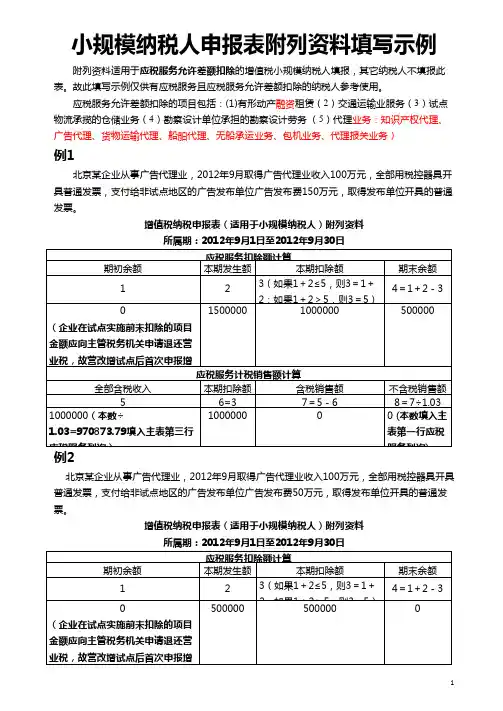 小规模纳税人申报表附列资料填写案例