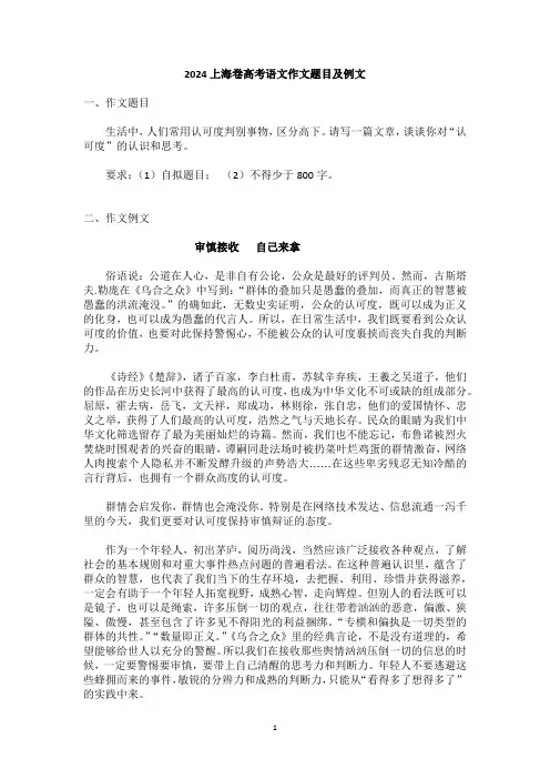 2024上海卷高考语文作文题目及例文