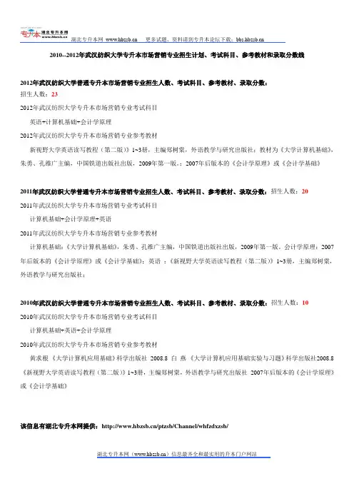 2010--2012年武汉纺织大学专升本市场营销专业招生计划、考试科目、参考教材和录取分数线