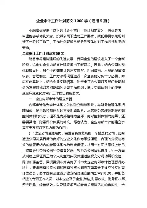 企业审计工作计划范文1000字（通用5篇）