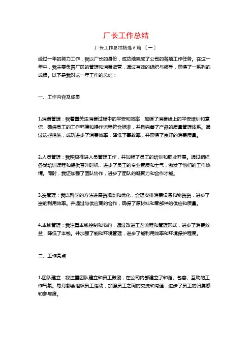 厂长工作总结6篇