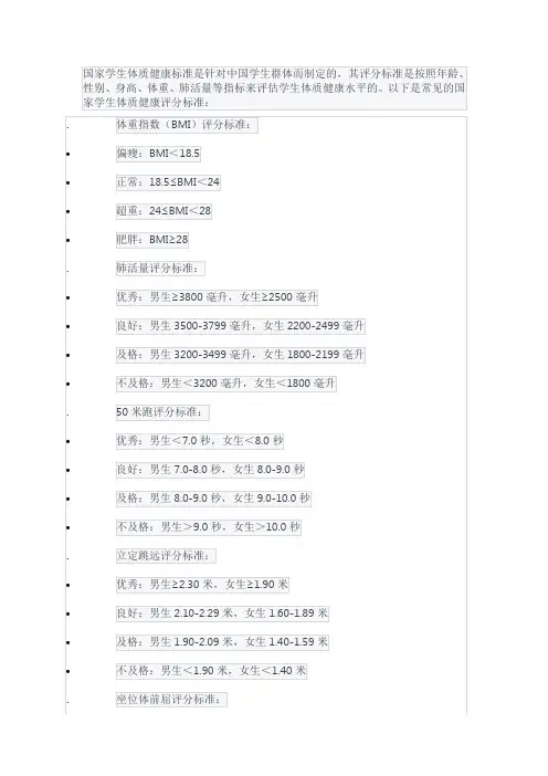 国家学生体质健康评分标准