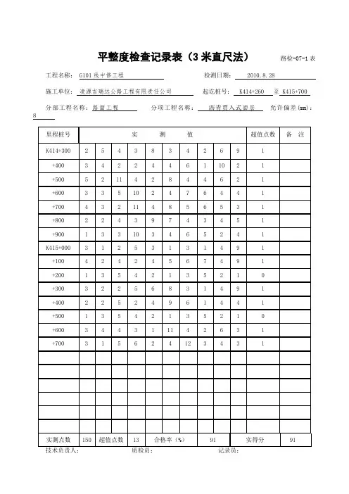 平整度检查记录表(3米直尺法)