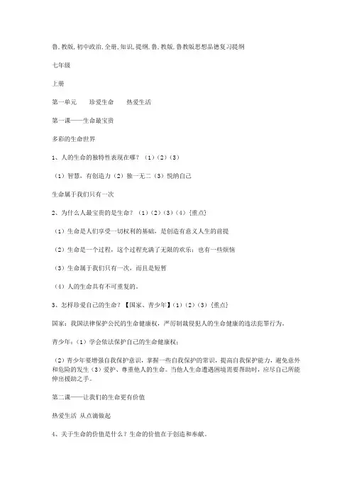鲁教版初中政治全册知识提纲