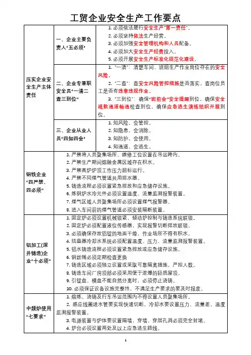 工贸企业安全生产工作要点