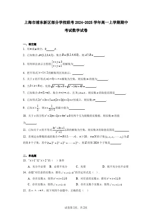 上海市浦东新区部分学校联考2024-2025学年高一上学期期中考试数学试卷