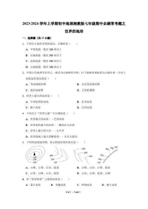 2023-2024学年上学期初中地理湘教版七年级期中必刷常考题之世界的地形