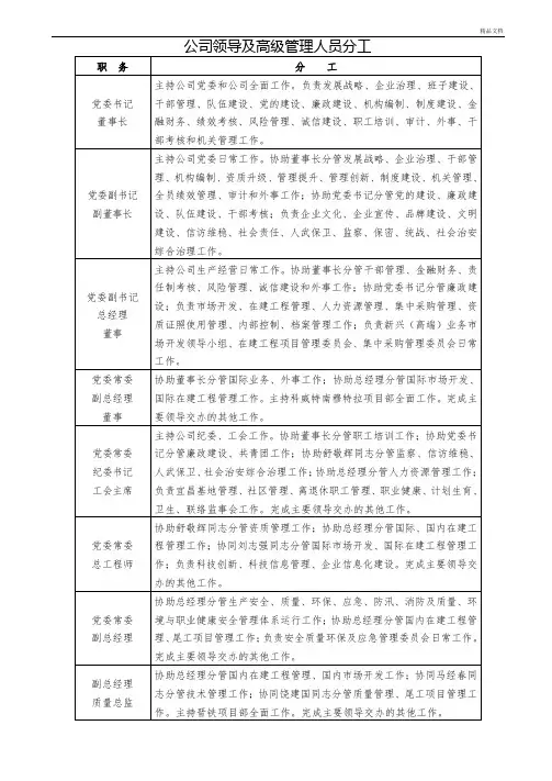 公司领导及高级管理人员分工