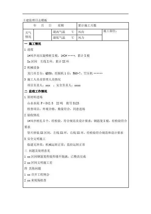 地铁盾构项目土建监理日志模板