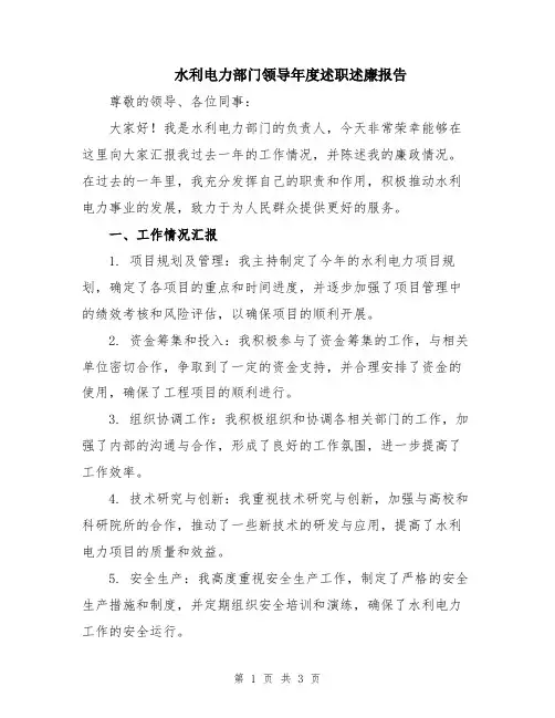 水利电力部门领导年度述职述廉报告