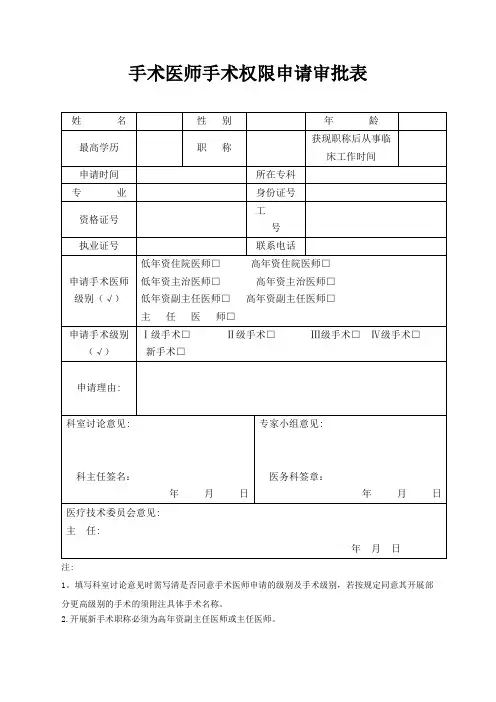 手术权限申请审批表及手术资质授权书