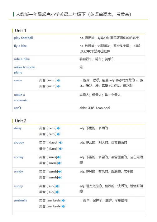 人教版一年级起点小学英语二年级下(英语单词表)