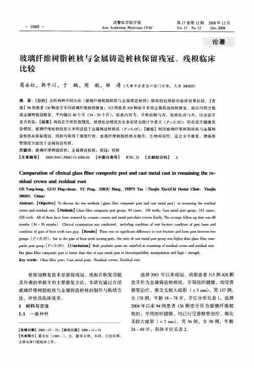 玻璃纤维树脂桩核与金属铸造桩核保留残冠、残根临床比较