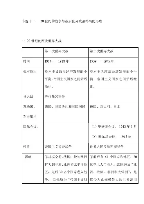 2019年中考历史专题复习提纲：专题十一   20世纪的战争与战后世界政治格局的形成