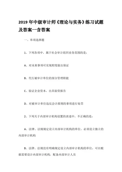 2019年中级审计师《理论与实务》练习试题及答案一含答案