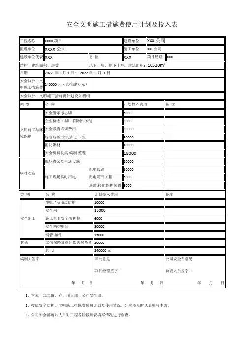 安全文明施工措施费使用计划及投入表