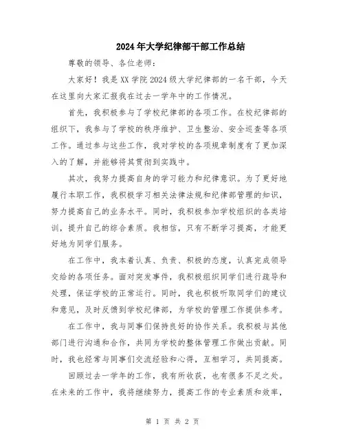 2024年大学纪律部干部工作总结