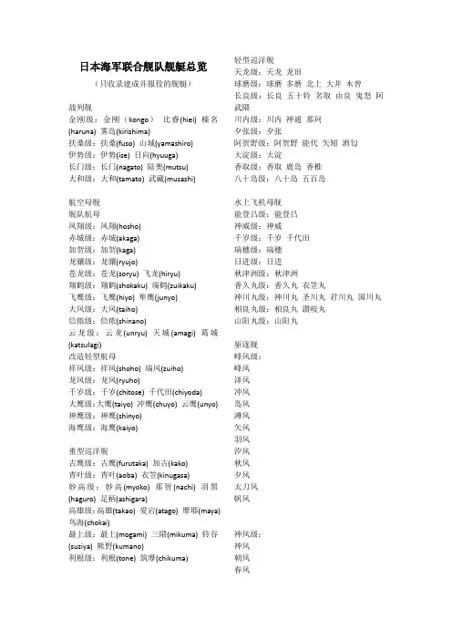 日本海军联合舰队舰艇总览(只收入建成服役舰)