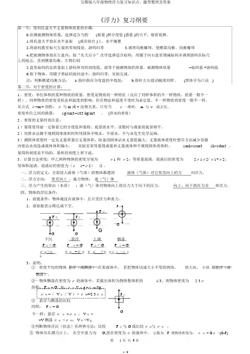 完整版八年级物理浮力复习知识点、题型整理及答案