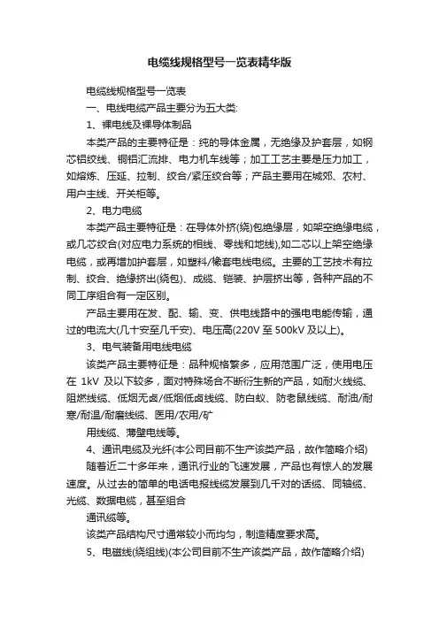 电缆线规格型号一览表精华版