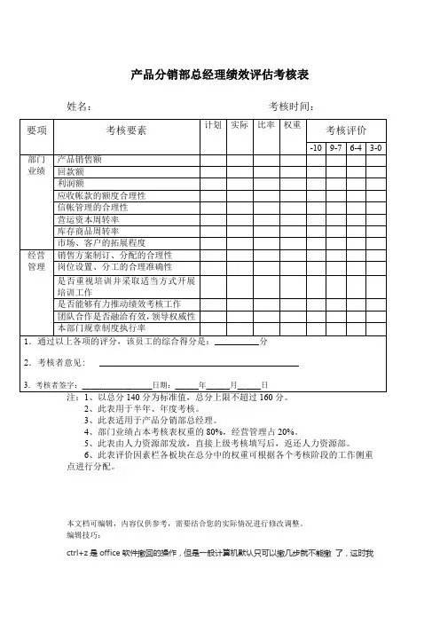 产品分销部总经理绩效评估考核表