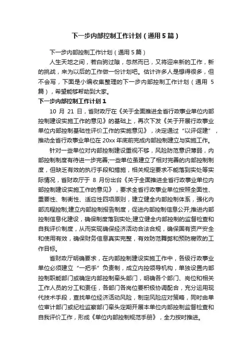 下一步内部控制工作计划（通用5篇）