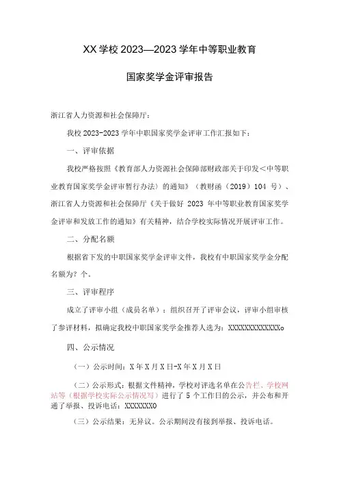 职业技能大赛：中职国家奖学金评审报告模板