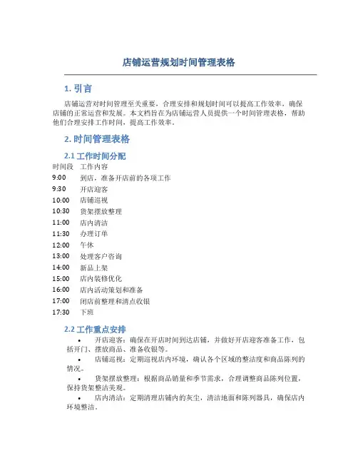 店铺运营规划时间管理表格