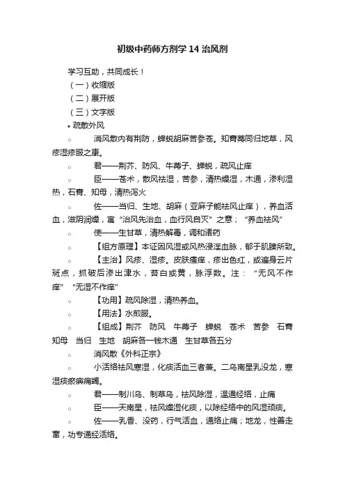 初级中药师方剂学14治风剂