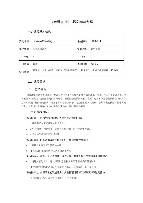 《金融营销》课程教学大纲