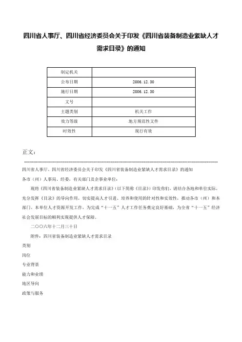 四川省人事厅、四川省经济委员会关于印发《四川省装备制造业紧缺人才需求目录》的通知-