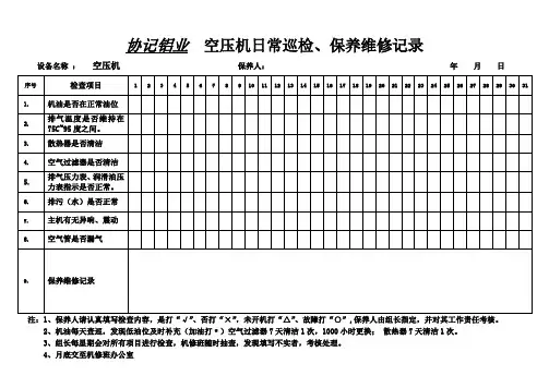 空压机日常巡检、保养维修记录