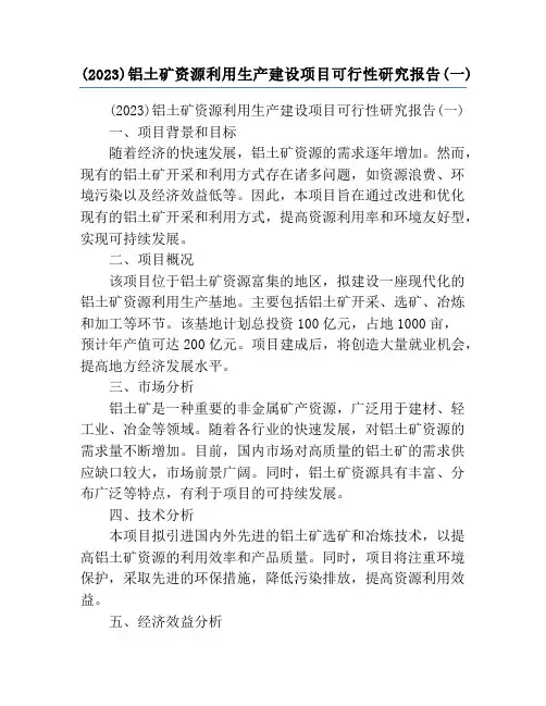 (2023)铝土矿资源利用生产建设项目可行性研究报告(一)