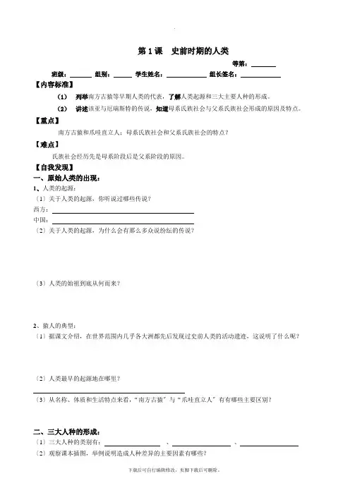 初中华师大版历史九年级上册第1课 史前时期的人类  学案02