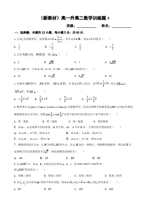 (新教材)高一升高二数学训练题四 (含解析)