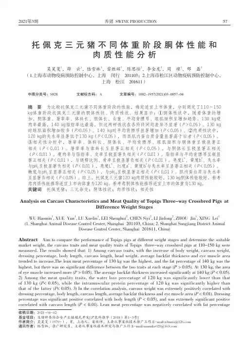 托佩克三元猪不同体重阶段胴体性能和肉质性能分析