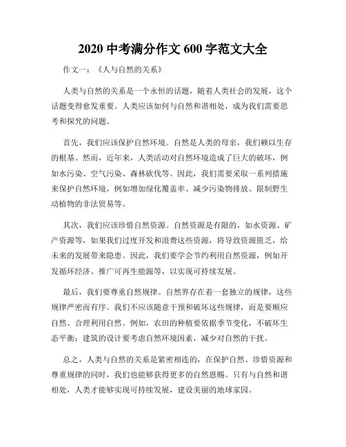 2020中考满分作文600字范文大全