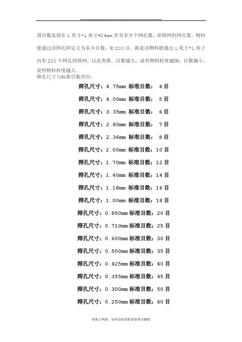 最新筛子的目数表