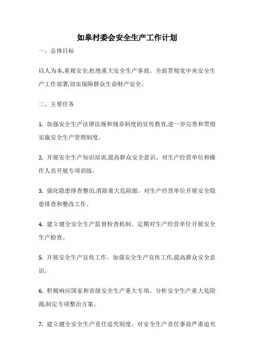 如皋村委会安全生产工作计划