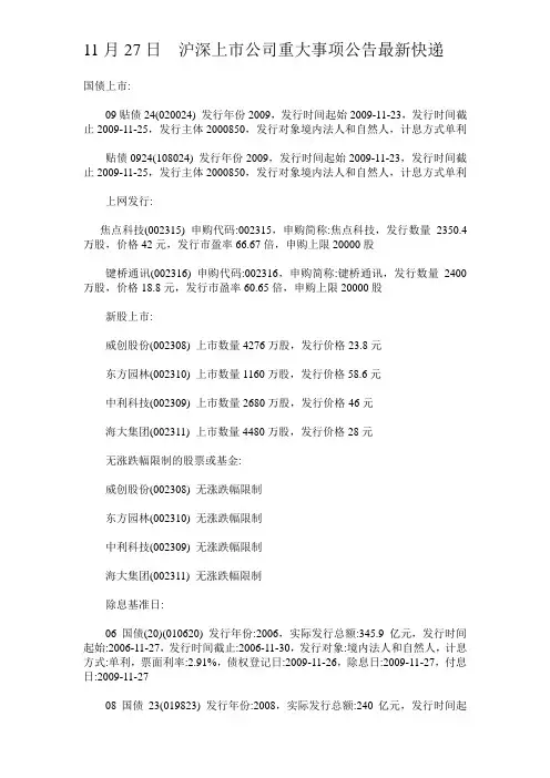 (上市筹划)月日沪深上市公司重大事项公告最新快递