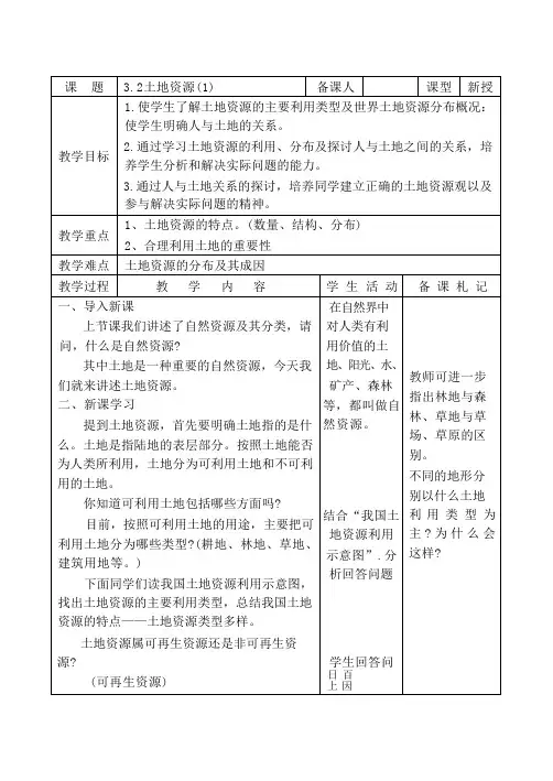 3.2土地资源(2课时)表格式教案 人教版地理八年级上册