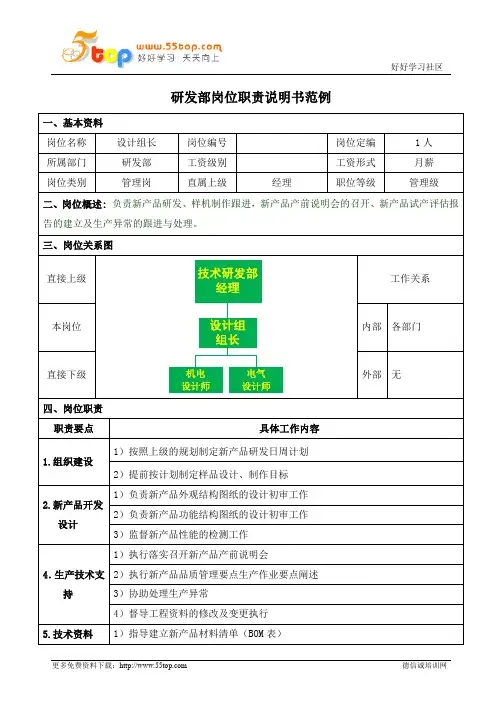 新产品设计组长岗位职责说明书