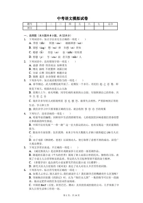 2020年湖南省娄底市中考语文模拟试卷答案版