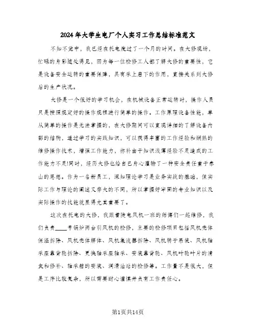 2024年大学生电厂个人实习工作总结标准范文(4篇)