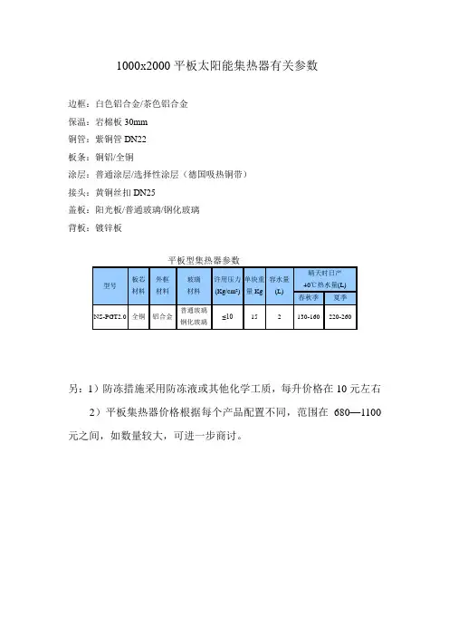1000x2000平板太阳能集热器有关参数